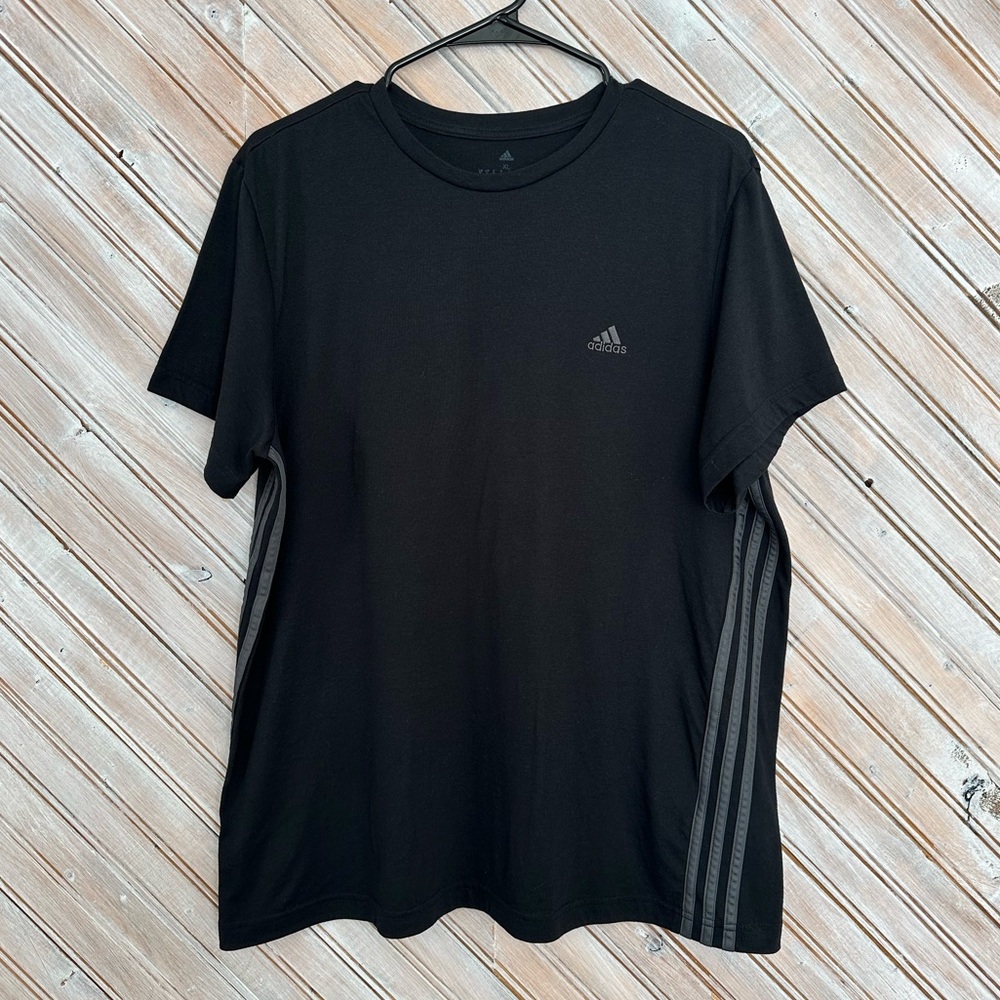 Adidas Aeroready Athletic T Shirt Black Tee Gray Embroidered Stripes - Picture 1 of 7